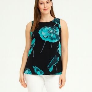 Alfani Black Sleeveless Sheer Lined Top Green Poppies Scoop Neck, Size S/M